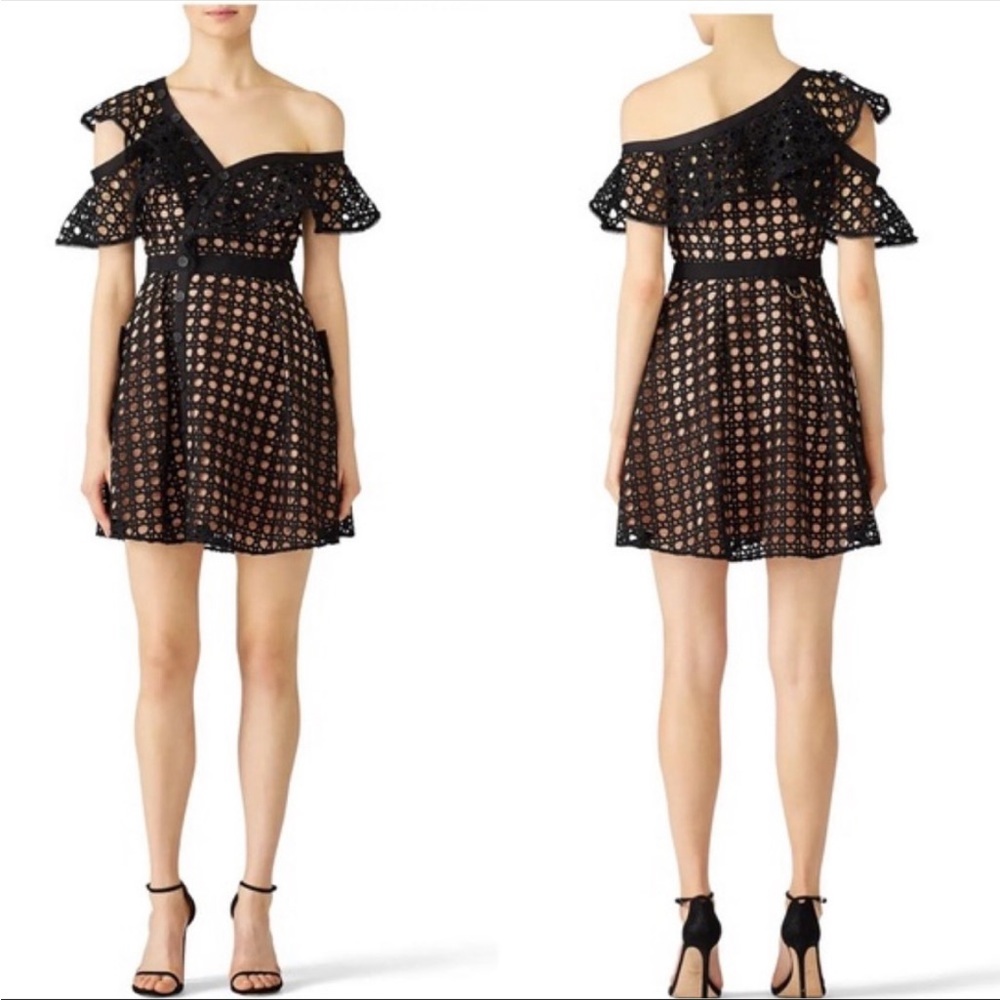 Self-Portrait Black and Beige One-Shoulder Guipure-Lace Mini Dress